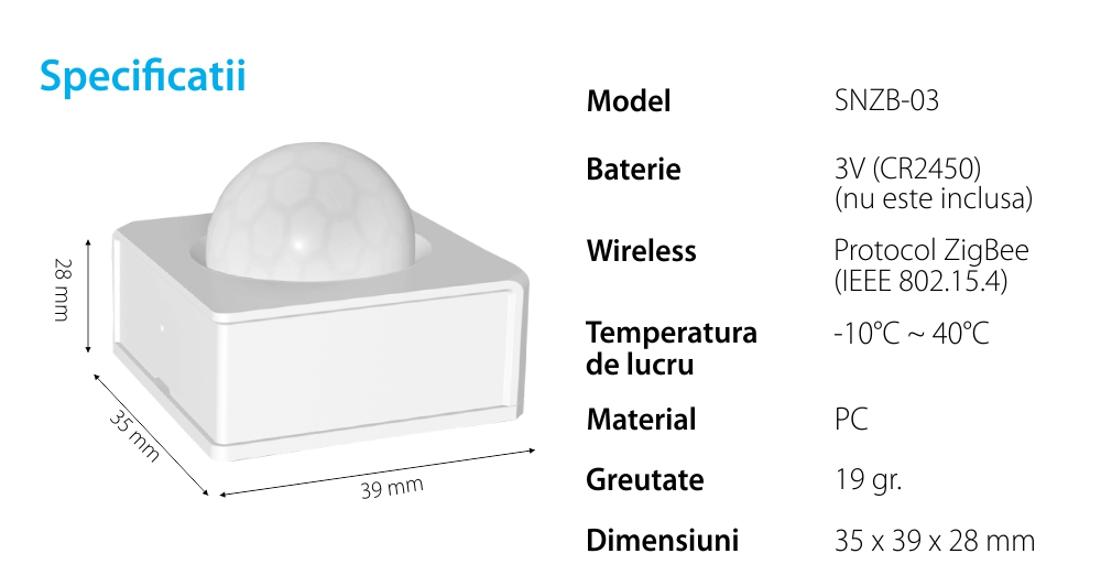 Sensore di movimento Sonoff SNZB-03, Wireless, Protocollo ZigBee, Distanza di rilevamento fino a 6 metri