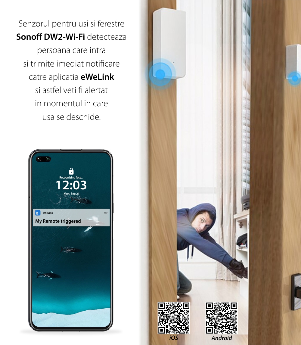 Sensore per porte e finestre Sonoff DW2, Wi-Fi, Notifiche e controllo tramite app