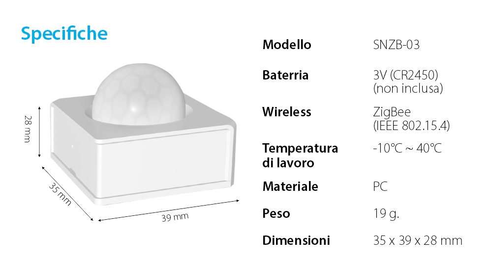 Sensore di movimento Sonoff SNZB-03, Wireless, Protocollo ZigBee, Distanza di rilevamento fino a 6 metri
