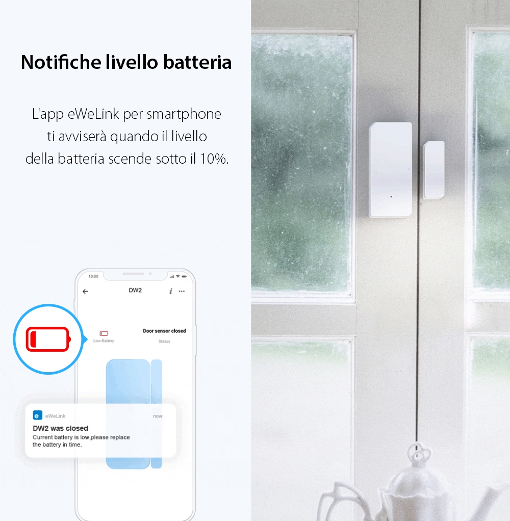 Sensore per porte e finestre Sonoff DW2, Wi-Fi, Notifiche e controllo tramite app