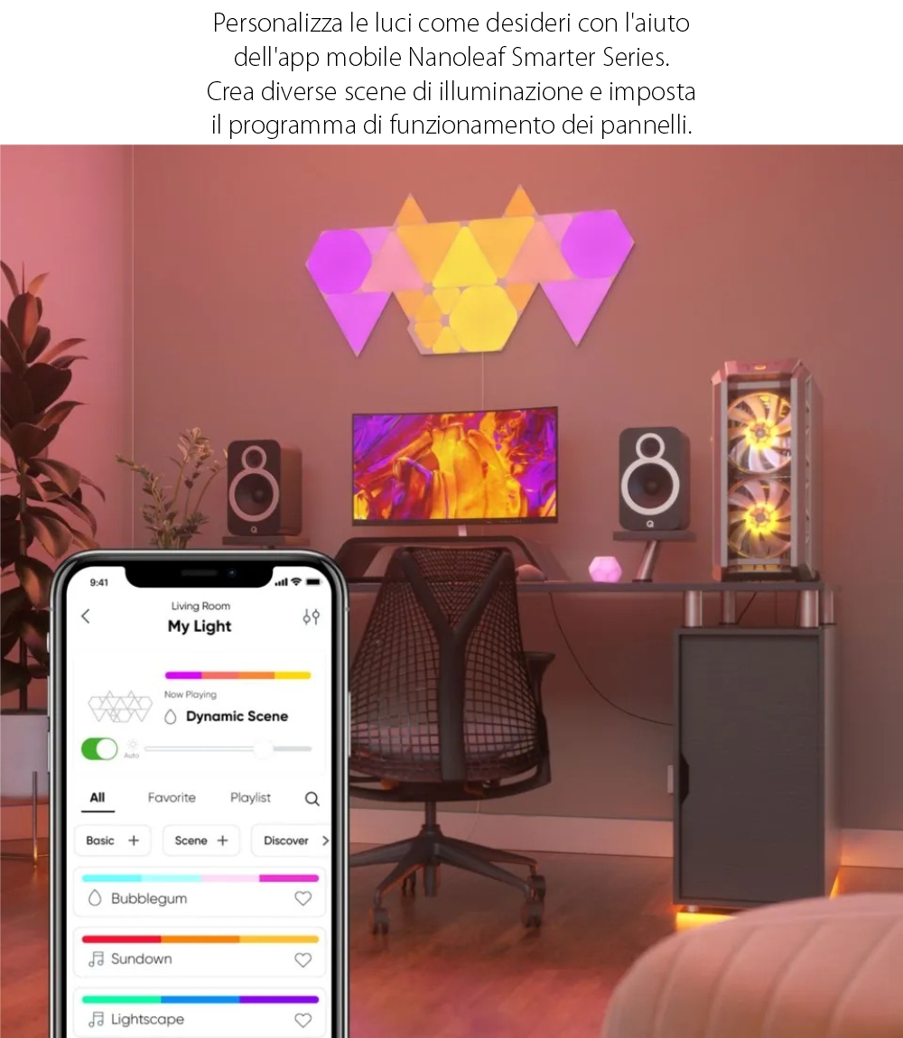 Kit 15 Pannelli Luminosi Nanoleaf Shapes Triangles, Illuminazione LED RGBW, Sensore Musica, Cavo da 2,5 m, Compatibile con Assistenti Vocali.