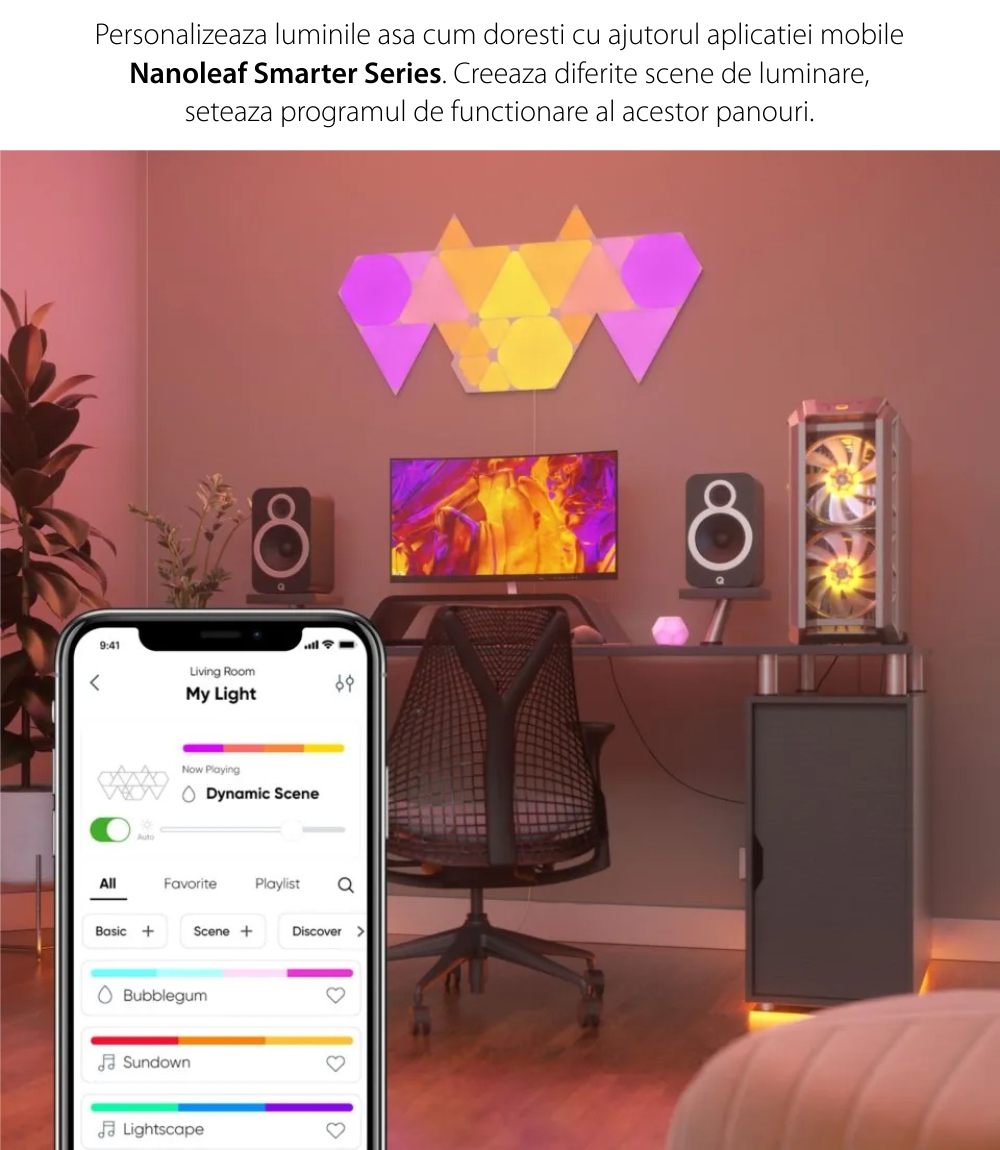 Kit 15 Pannelli Luminosi Nanoleaf Shapes Triangles, Illuminazione LED RGBW, Sensore Musica, Cavo da 2,5 m, Compatibile con Assistenti Vocali.