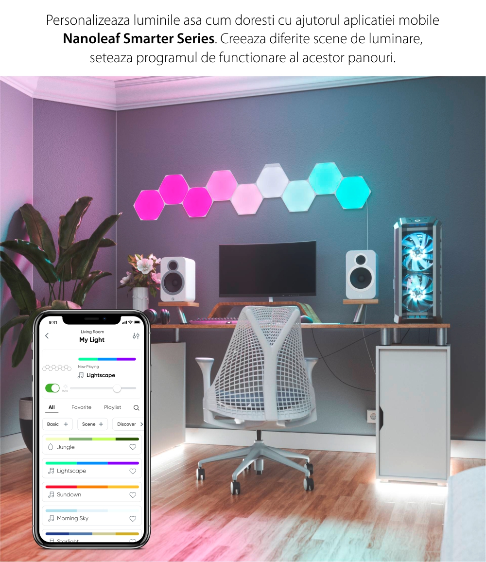 Kit 9 pannelli luminosi Nanoleaf Shapes Hexagons, 16 milioni di colori, tecnologia LED RGBW, cavo da 2,5 m