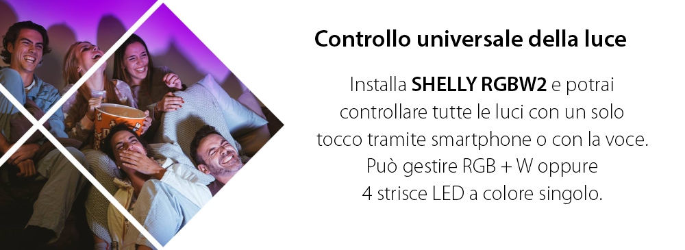 Relè Intelligente per Strisce LED RGB Shelly RGBW2, Wi-Fi, 4 Canali, Controllo tramite App