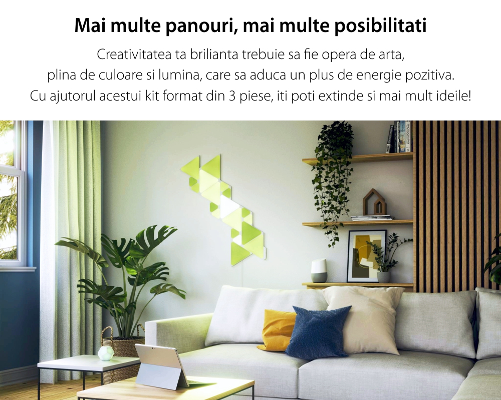 Pacchetto 3 pannelli luminosi Nanoleaf Shapes Triangles, 16 milioni di colori, illuminazione LED RGBW, temperatura del colore regolabile.