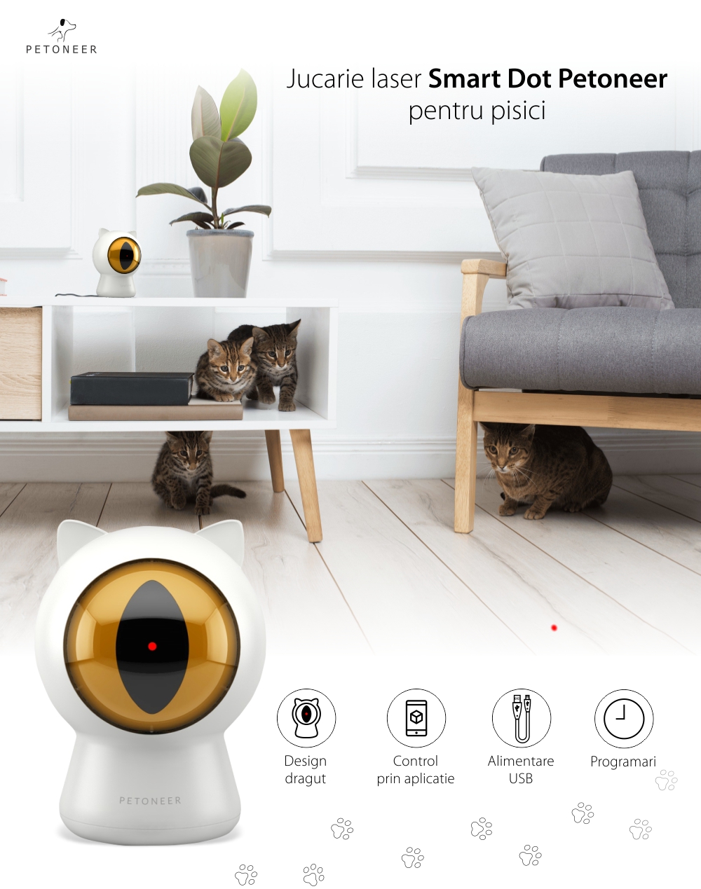 Giocattolo intelligente per gatti Petoneer Smart Dot, Controllo tramite app, Programmazione, Alimentazione USB.