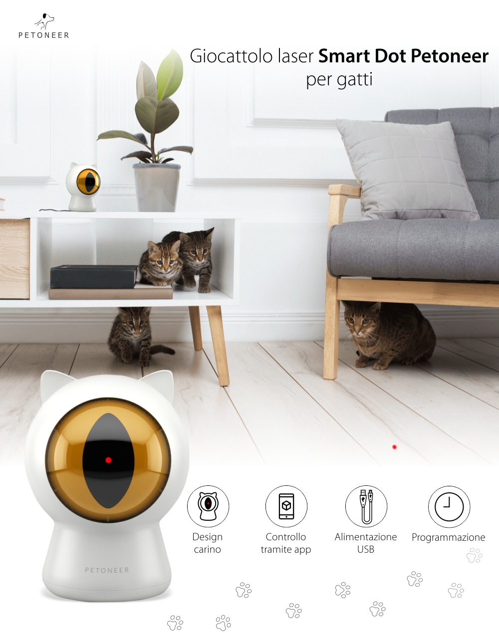 Giocattolo intelligente per gatti Petoneer Smart Dot, Controllo tramite app, Programmazione, Alimentazione USB.