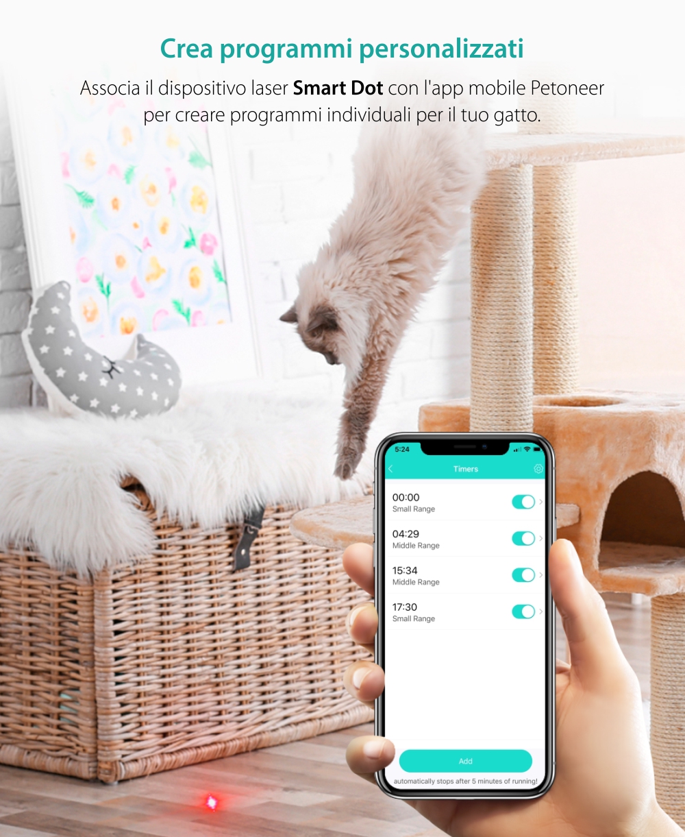 Giocattolo intelligente per gatti Petoneer Smart Dot, Controllo tramite app, Programmazione, Alimentazione USB.