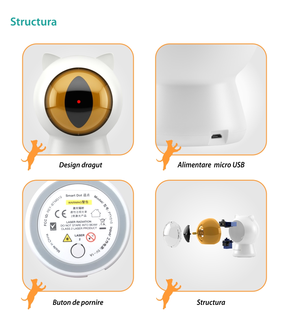 Giocattolo intelligente per gatti Petoneer Smart Dot, Controllo tramite app, Programmazione, Alimentazione USB.