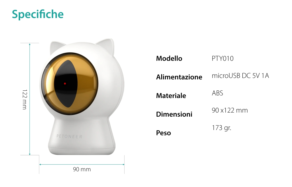 Giocattolo intelligente per gatti Petoneer Smart Dot, Controllo tramite app, Programmazione, Alimentazione USB.
