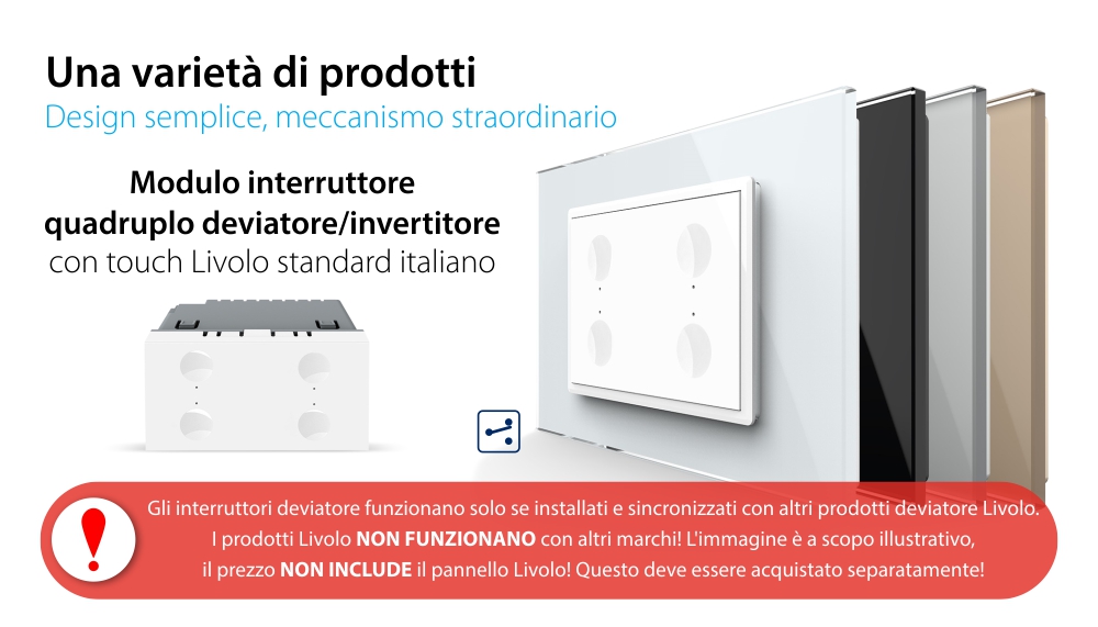 Modulo deviatore/invertitore quadruplo con touch Livolo standard italiano, nuova serie