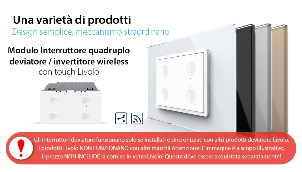 Modulo deviatore / invertitore quadruplo wireless con touch Livolo con cornice in vetro, standard italiano – Nuova serie