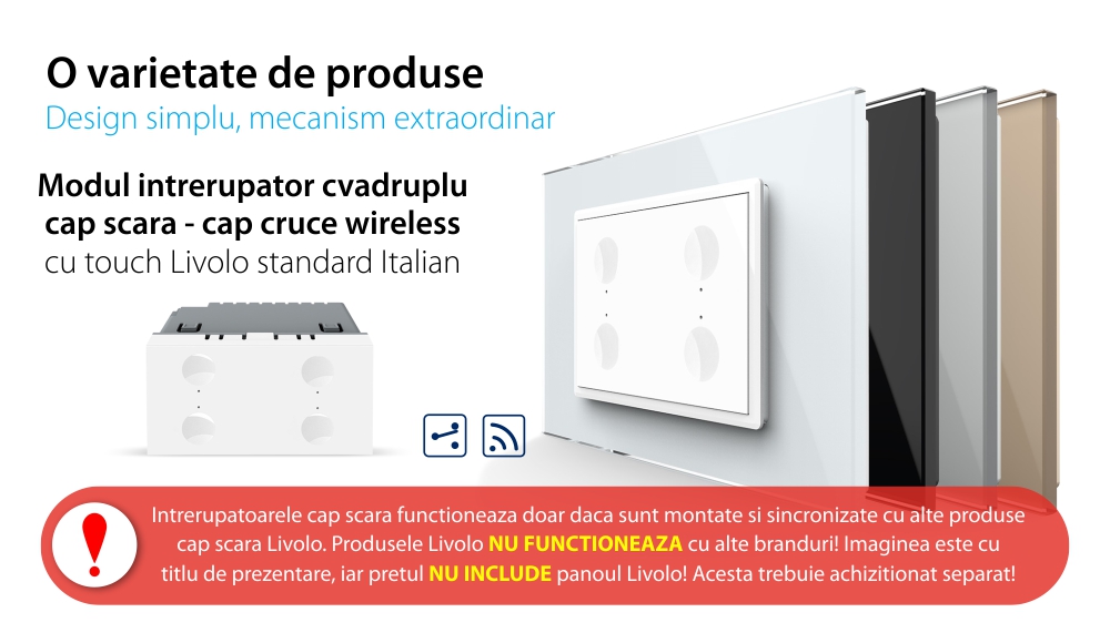 Modulo Interruttore quadruplo deviatore / invertitore wireless con touch Livolo con cornice in vetro, standard italiano – Nuova serie