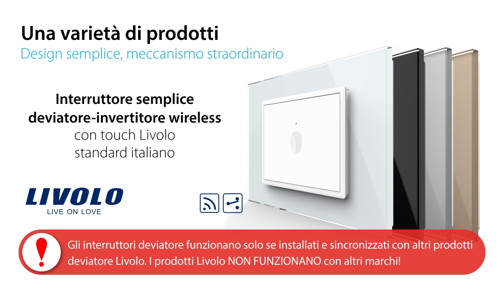 Deviatore / invertitore singolo wireless con touch Livolo con cornice in vetro, standard italiano – Nuova serie