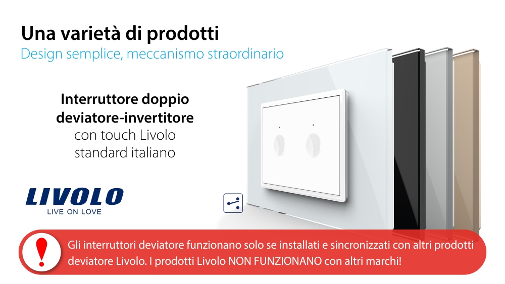 Doppio deviatore / invertitore touch Livolo con cornice in vetro, standard italiano – Nuova serie