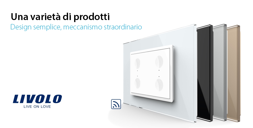 Interruttore quadruplo wireless con touch Livolo con cornice in vetro, standard Italiano – Nuova Serie