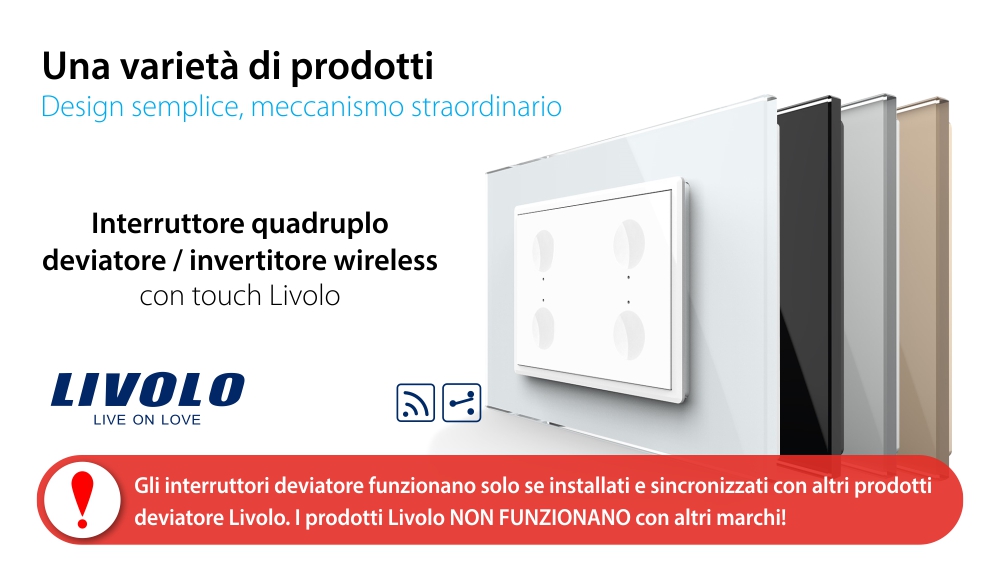 Deviatore / invertitore quadruplo wireless con touch Livolo con cornice in vetro, standard italiano – Nuova serie