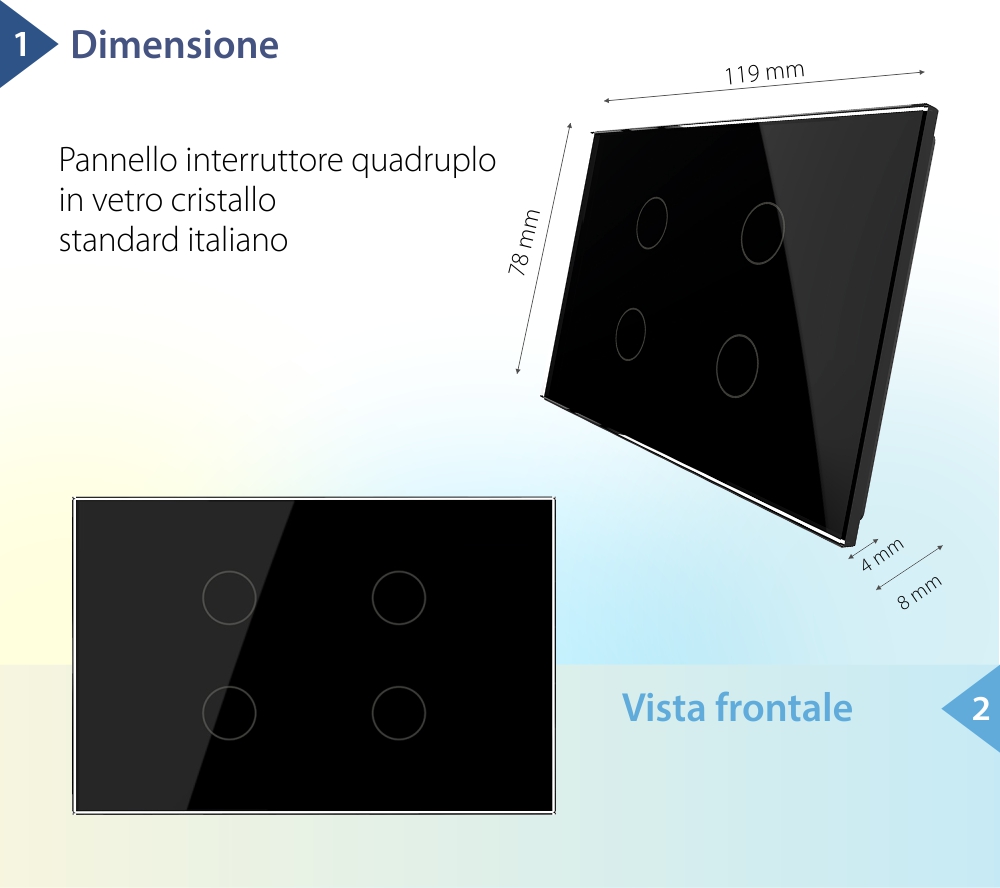 Pannello interruttore quadruplo con touch Livolo in vetro, standard italiano – Nuova serie
