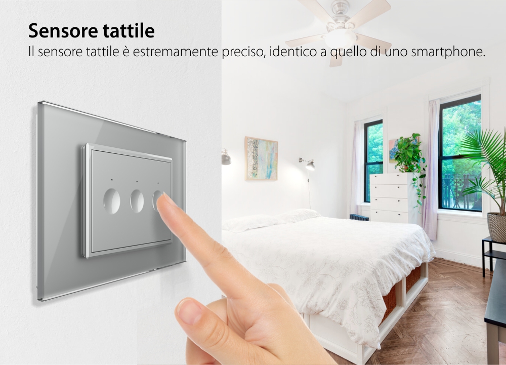 Interruttore triplo wireless con touch Livolo con cornice in vetro, standard Italiano – Nuova Serie