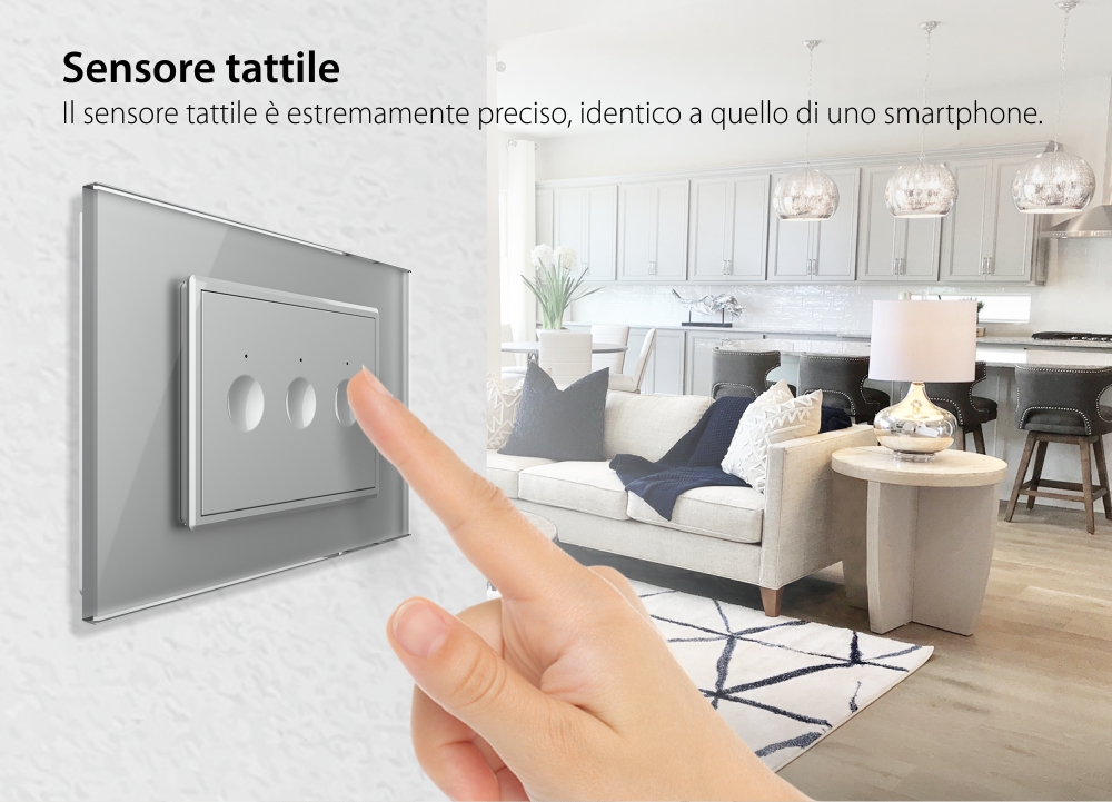 Triplo deviatore / invertitore touch Livolo con cornice in vetro, standard Italiano – Nuova Serie