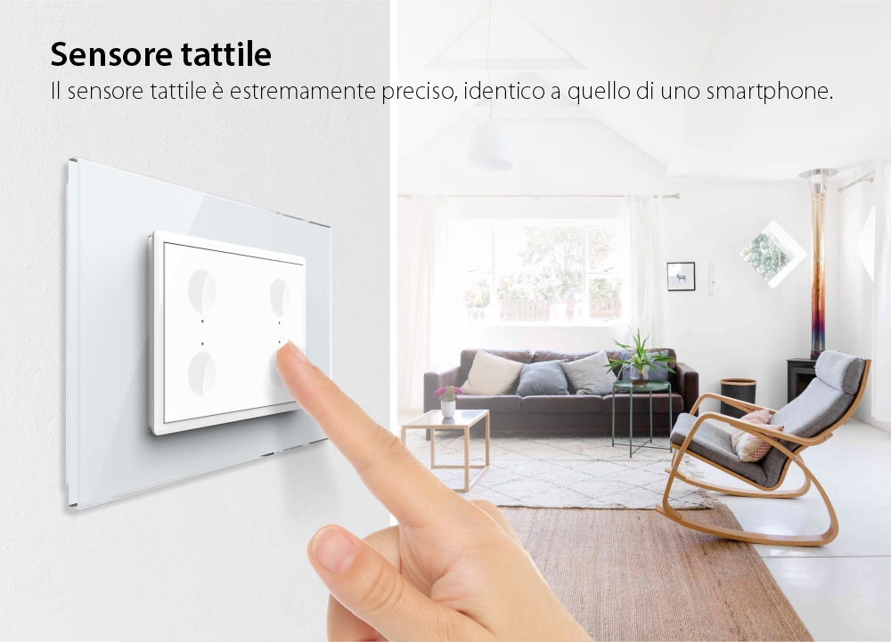 Interruttore quadruplo wireless con touch Livolo con cornice in vetro, standard Italiano – Nuova Serie