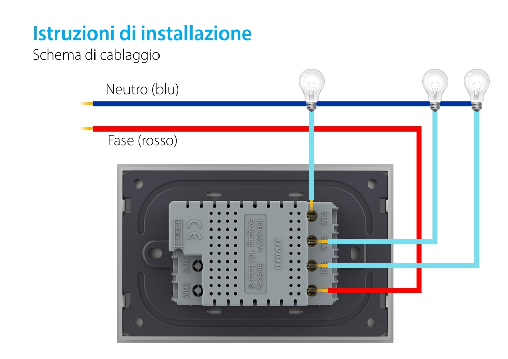 Modulo interruttore triplo touch Livolo standard italiano