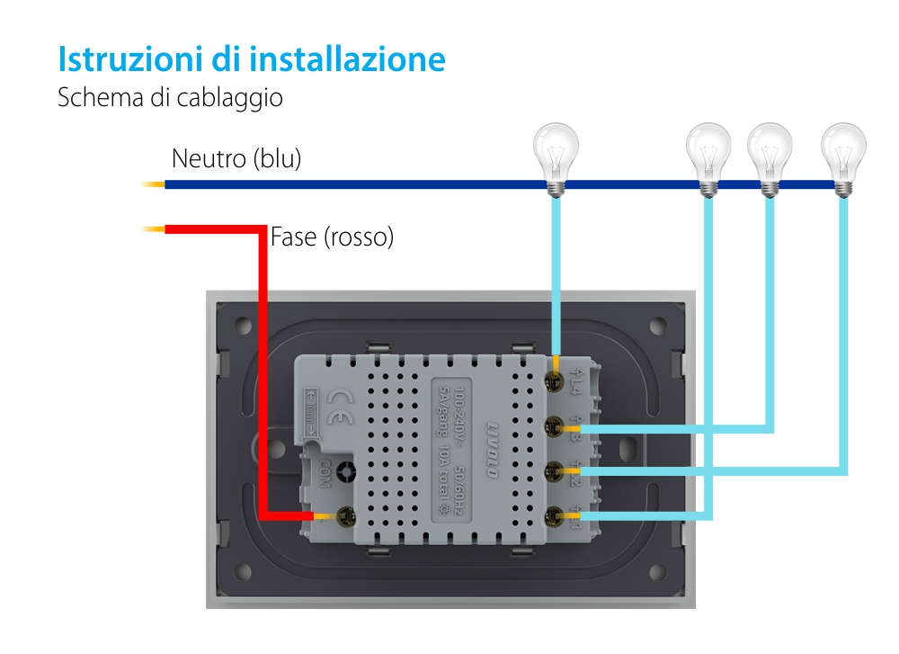 Modulo interruttore quadruplo con touch Livolo, standard italiano, nuova serie
