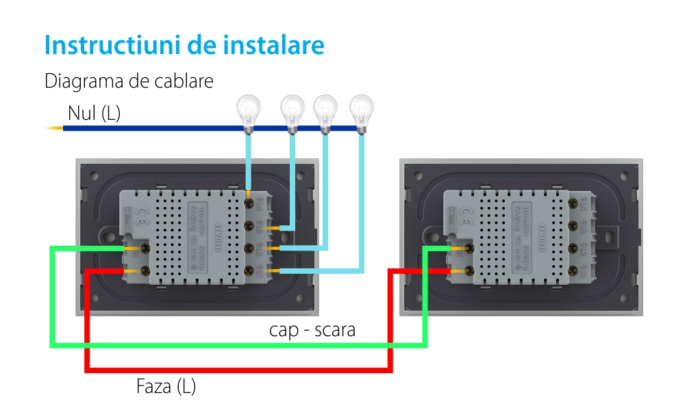 Modulo Interruttore quadruplo deviatore / invertitore wireless con touch Livolo con cornice in vetro, standard italiano – Nuova serie
