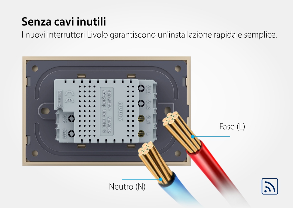 Interruttore semplice wireless con touch Livolo con cornice in vetro, standard Italiano – Nuova Serie