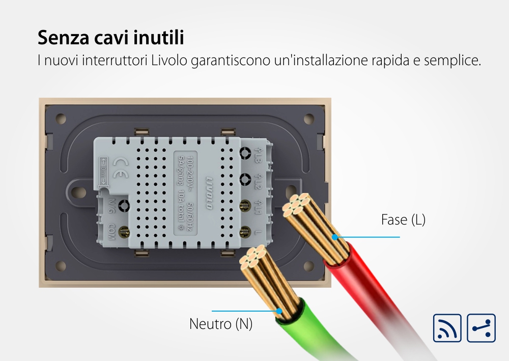 Deviatore / invertitore singolo wireless con touch Livolo con cornice in vetro, standard italiano – Nuova serie