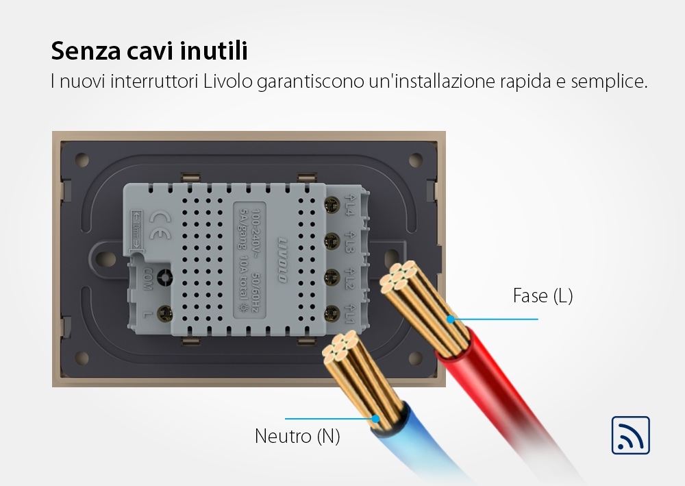 Interruttore quadruplo wireless con touch Livolo con cornice in vetro, standard Italiano – Nuova Serie