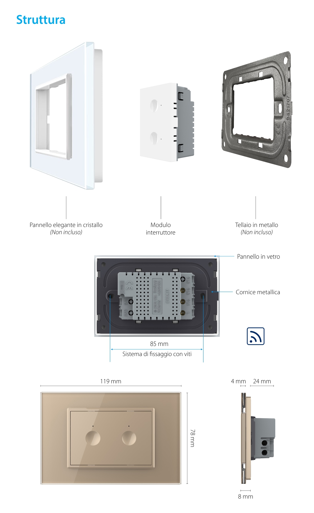Modulo Interruttore doppio wireless con touch Livolo, standard Italiano – Nuova Serie