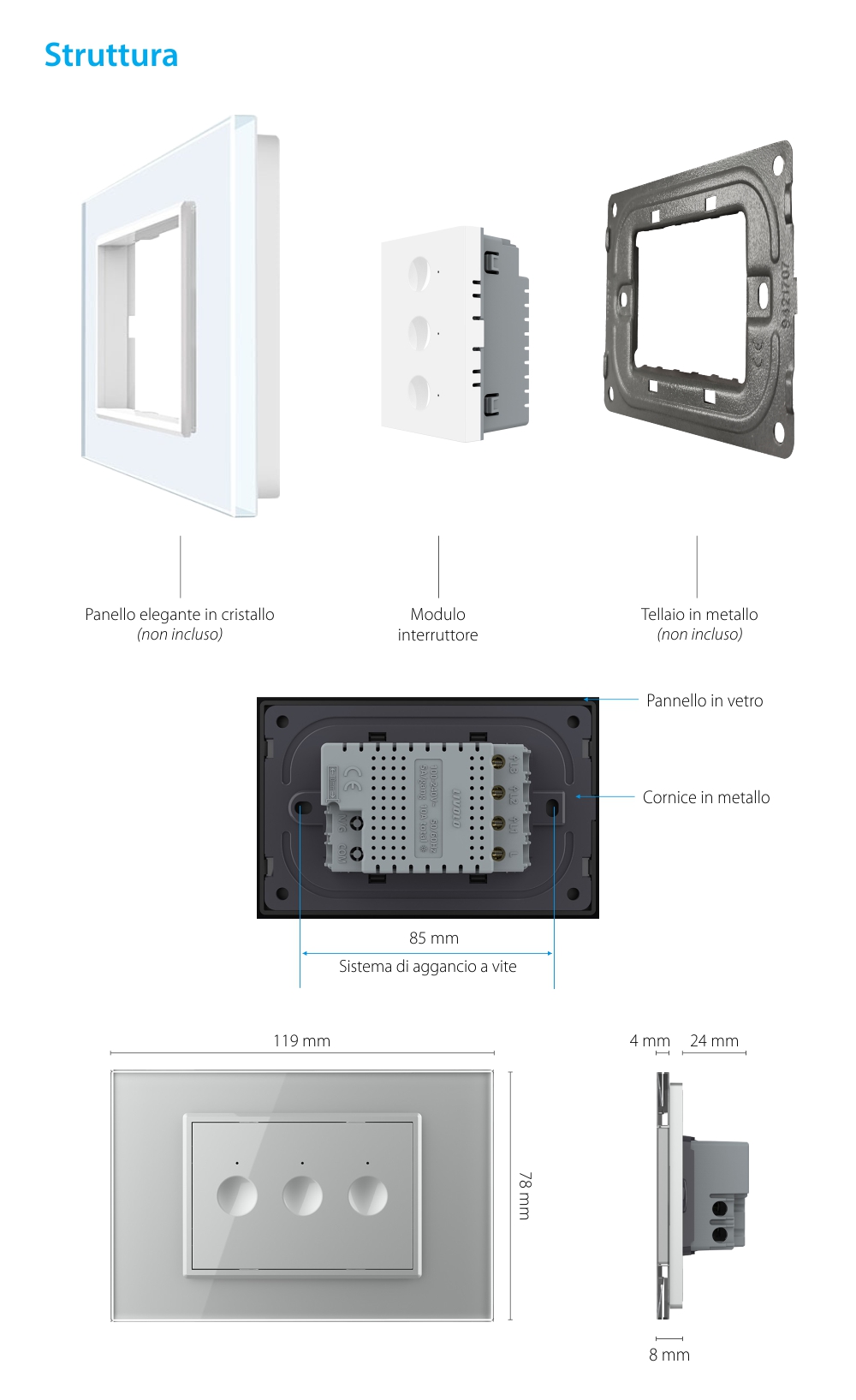 Modulo interruttore triplo touch Livolo standard italiano, nuova serie