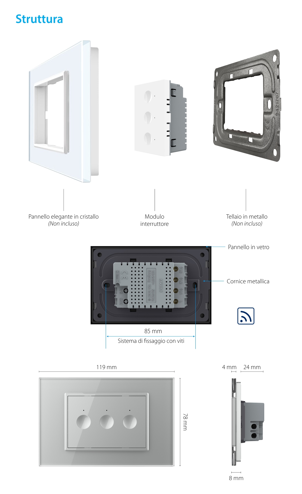 Modulo Interruttore triplo wireless con touch Livolo, standard Italiano – Nuova Serie