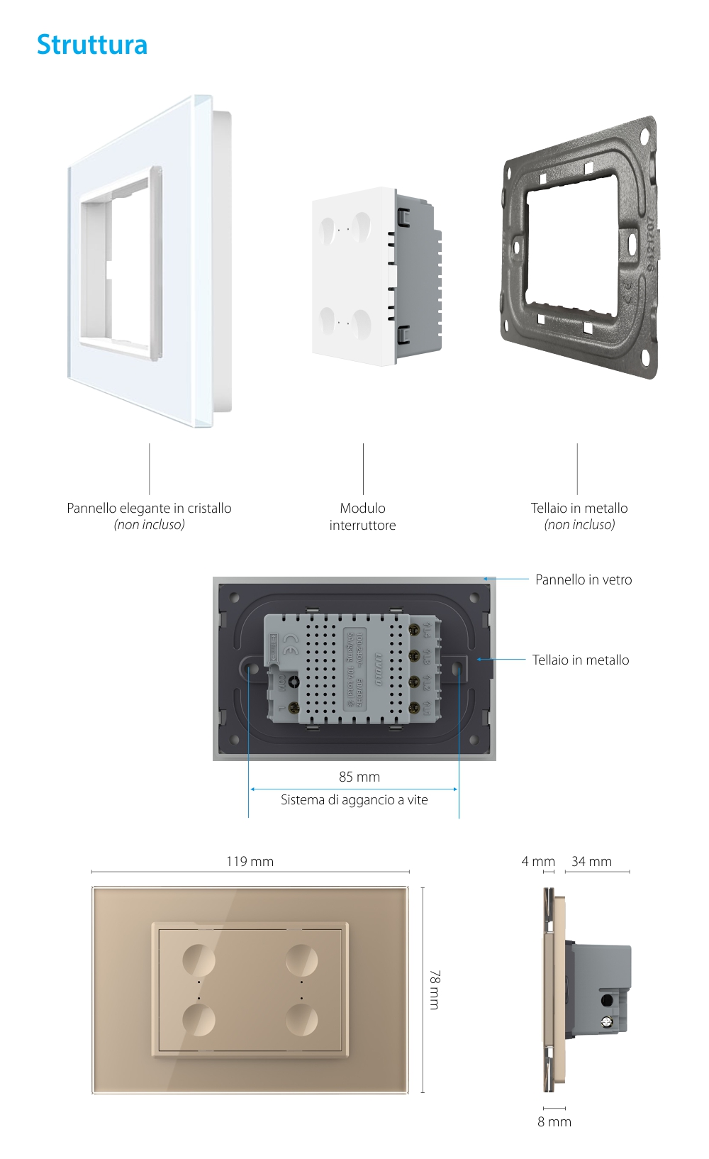 Modulo interruttore quadruplo con touch Livolo, standard italiano, nuova serie