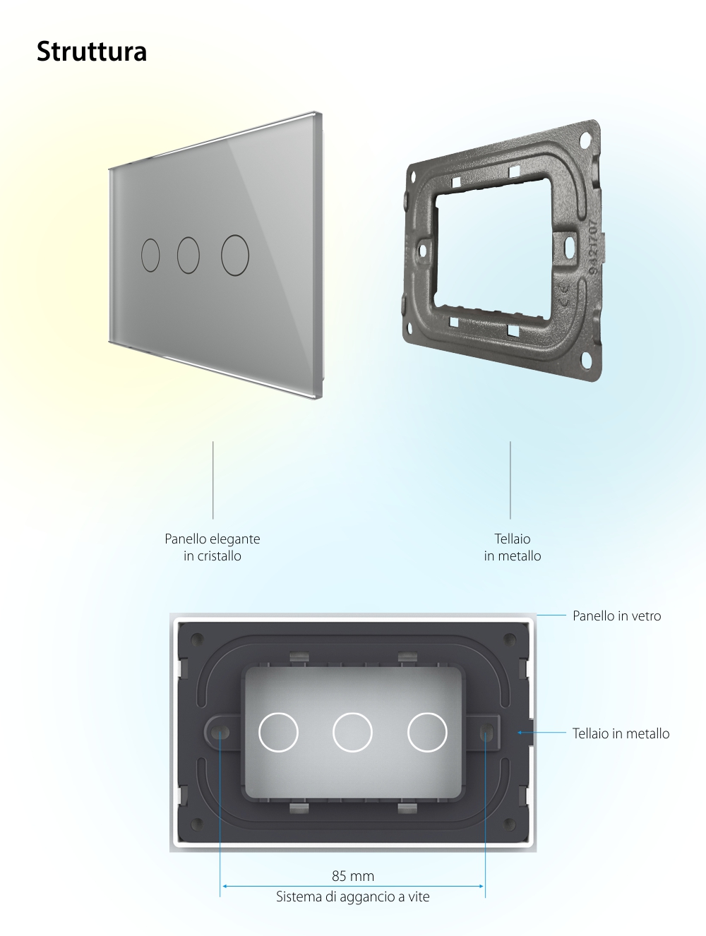 Pannello Interruttore triplo touch Livolo in vetro, standard italiano – Nuova serie