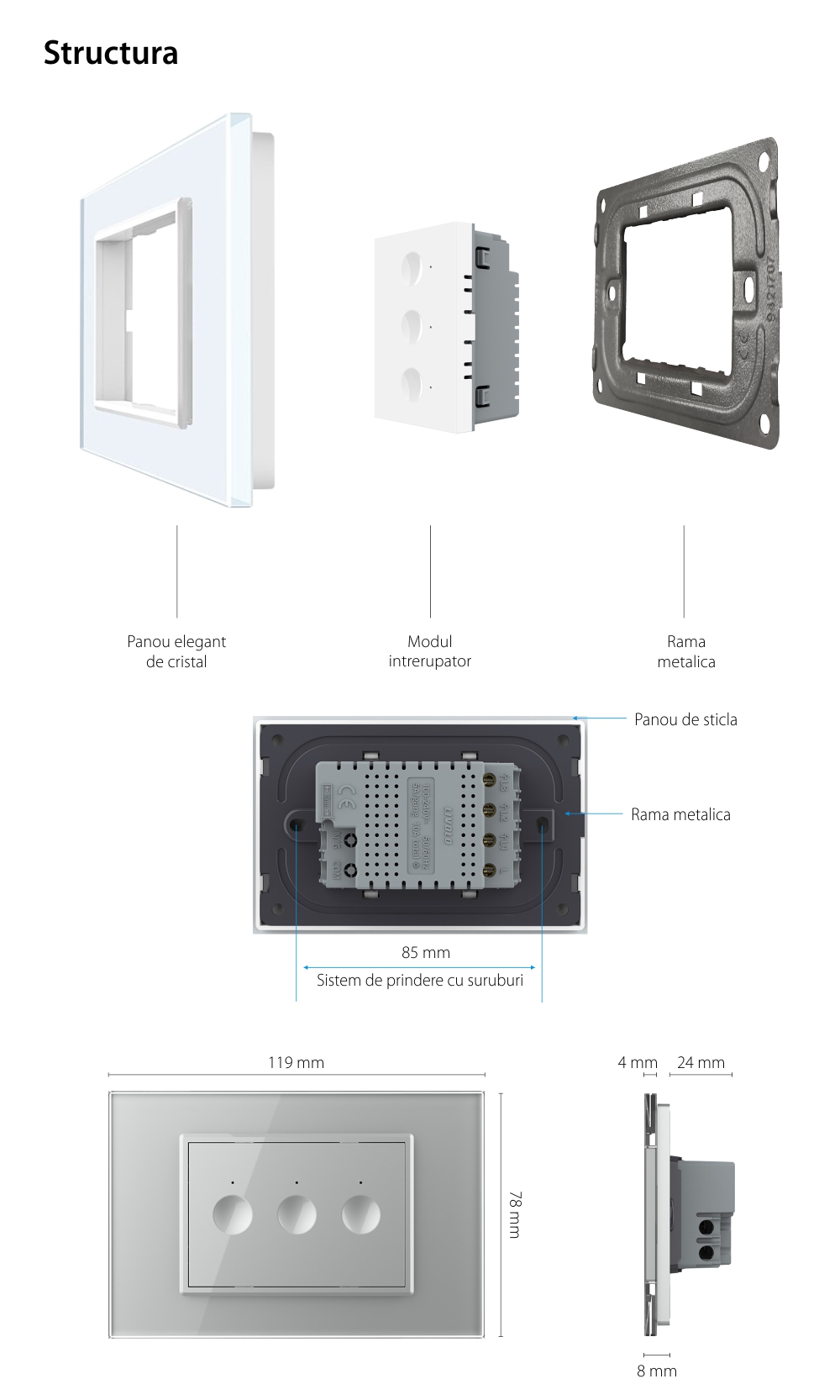 Interruttore triplo Livolo touch con cornice in vetro, standard italiano – Nuova serie