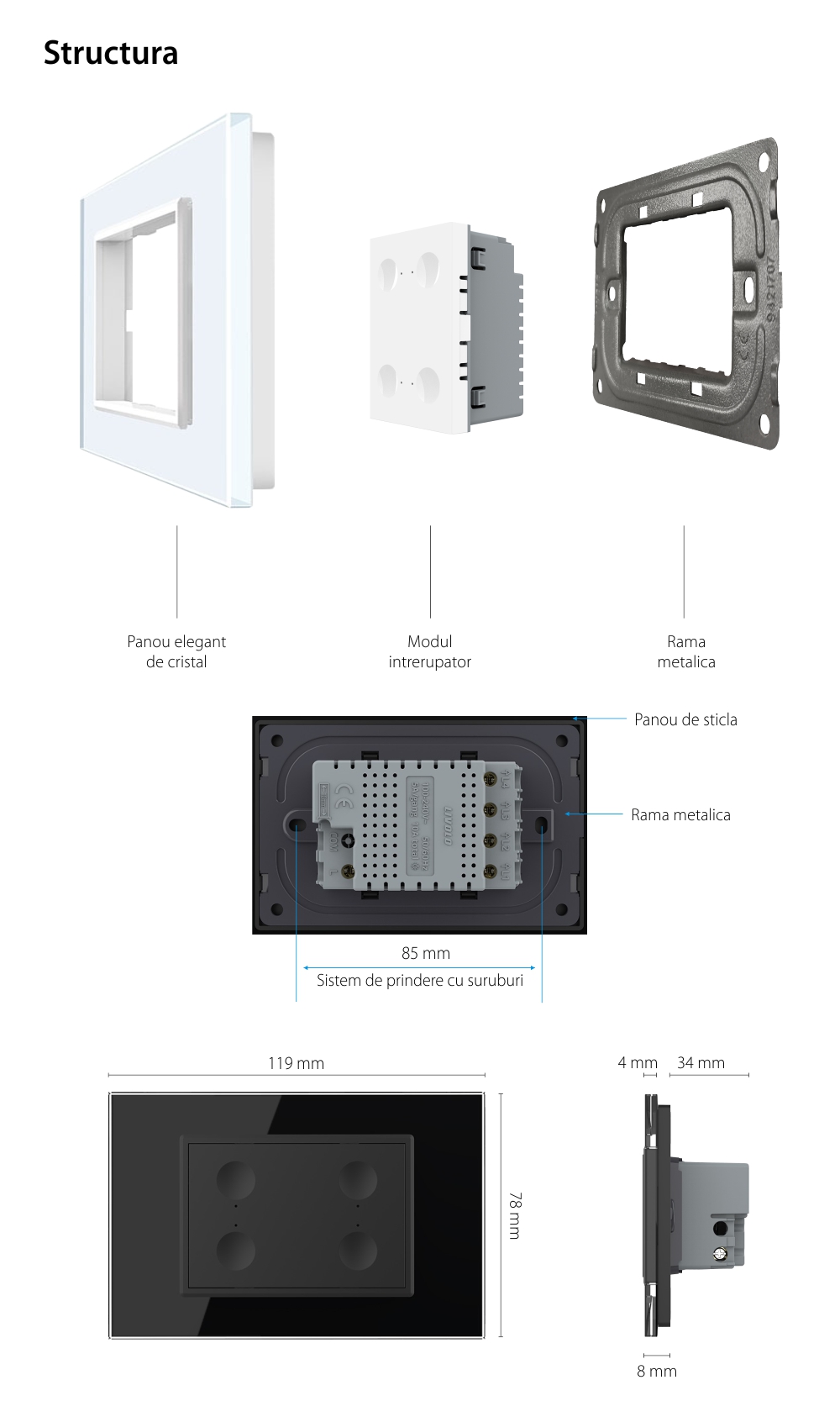 Interruttore touch quadruplo Livolo con cornice in vetro, standard italiano – Nuova serie