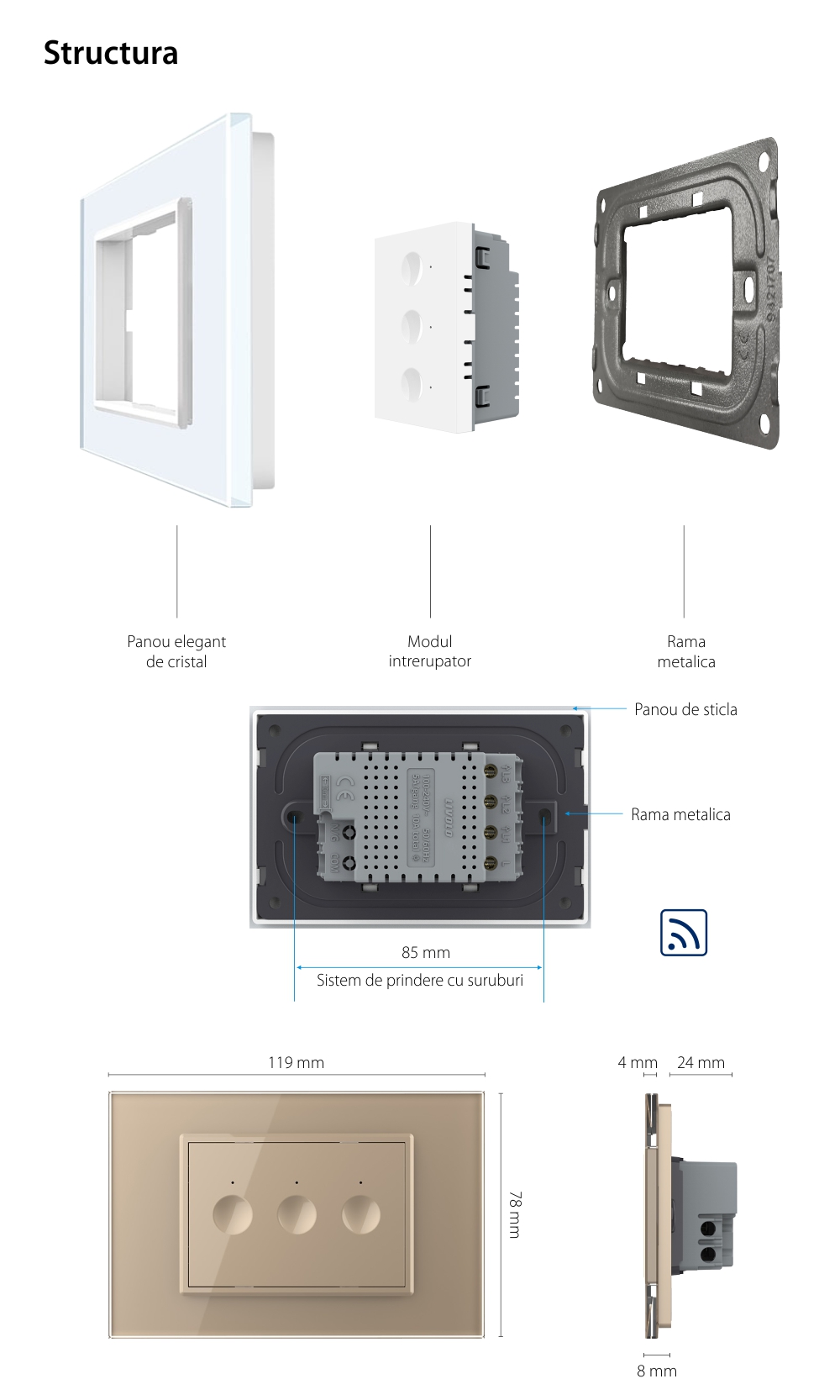 Interruttore triplo wireless con touch Livolo con cornice in vetro, standard Italiano – Nuova Serie
