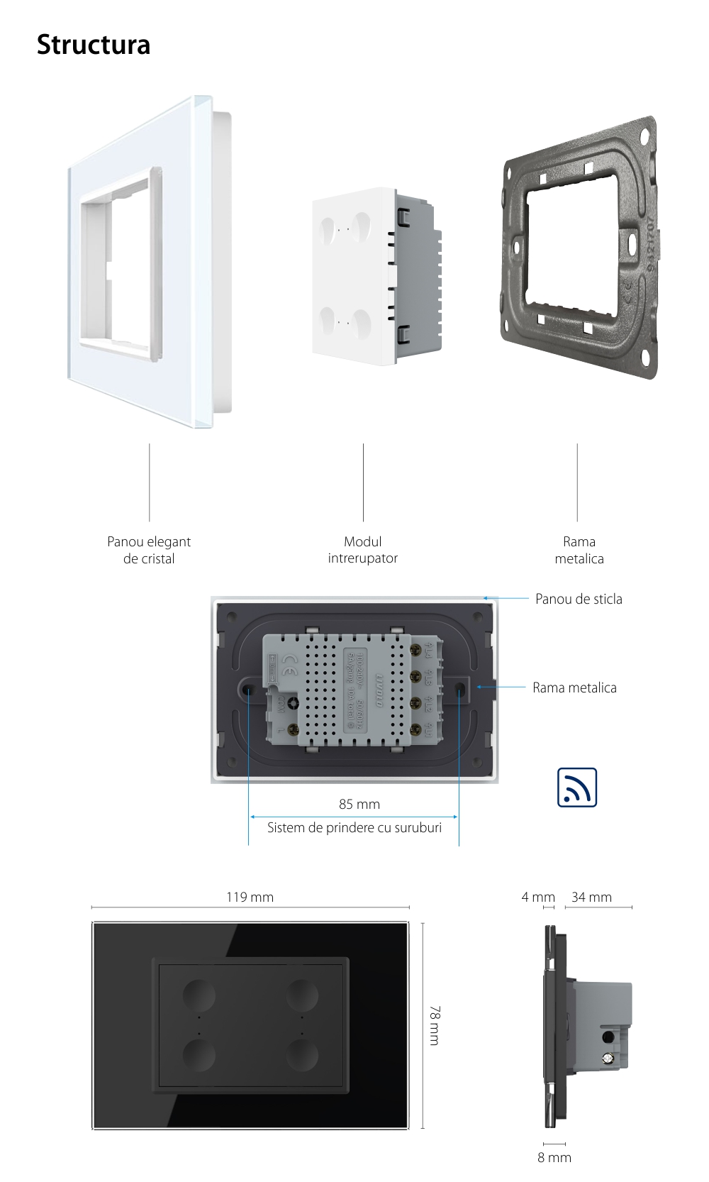 Interruttore quadruplo wireless con touch Livolo con cornice in vetro, standard Italiano – Nuova Serie