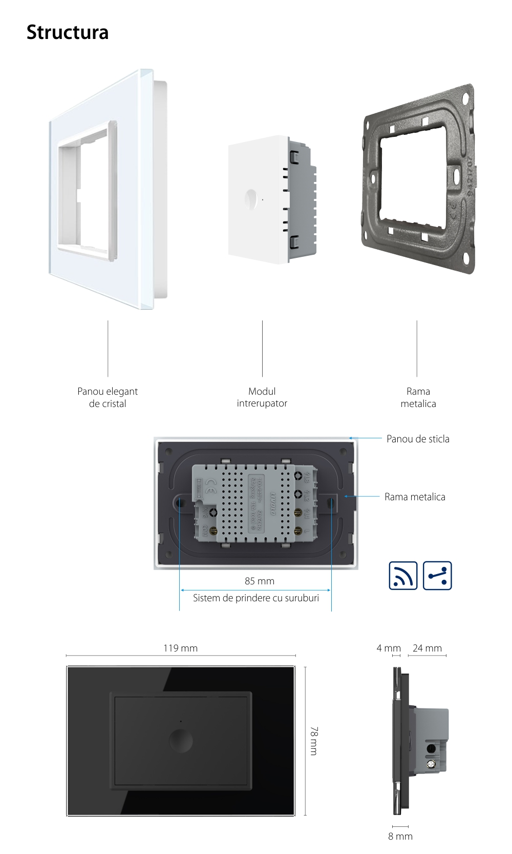 Interruttore semplice deviatore / invertitore wireless con touch Livolo con cornice in vetro, standard italiano – Nuova serie