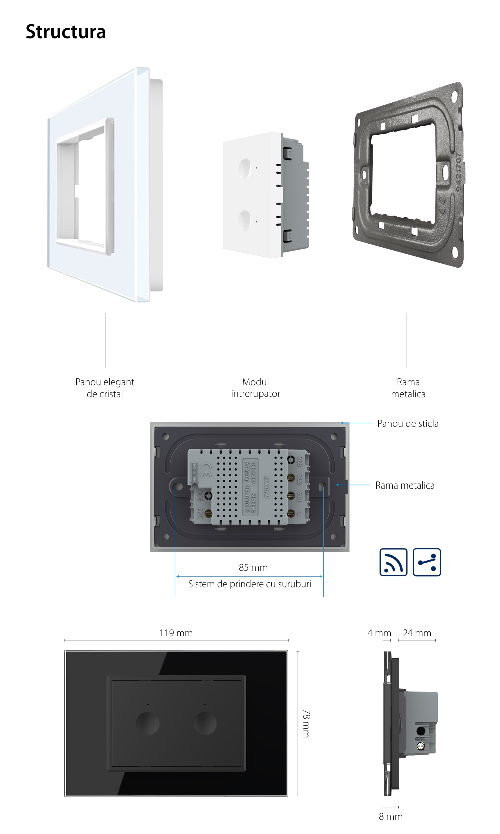 Interruttore doppio deviatore / invertitore wireless con touch Livolo con cornice in vetro, standard italiano – Nuova serie