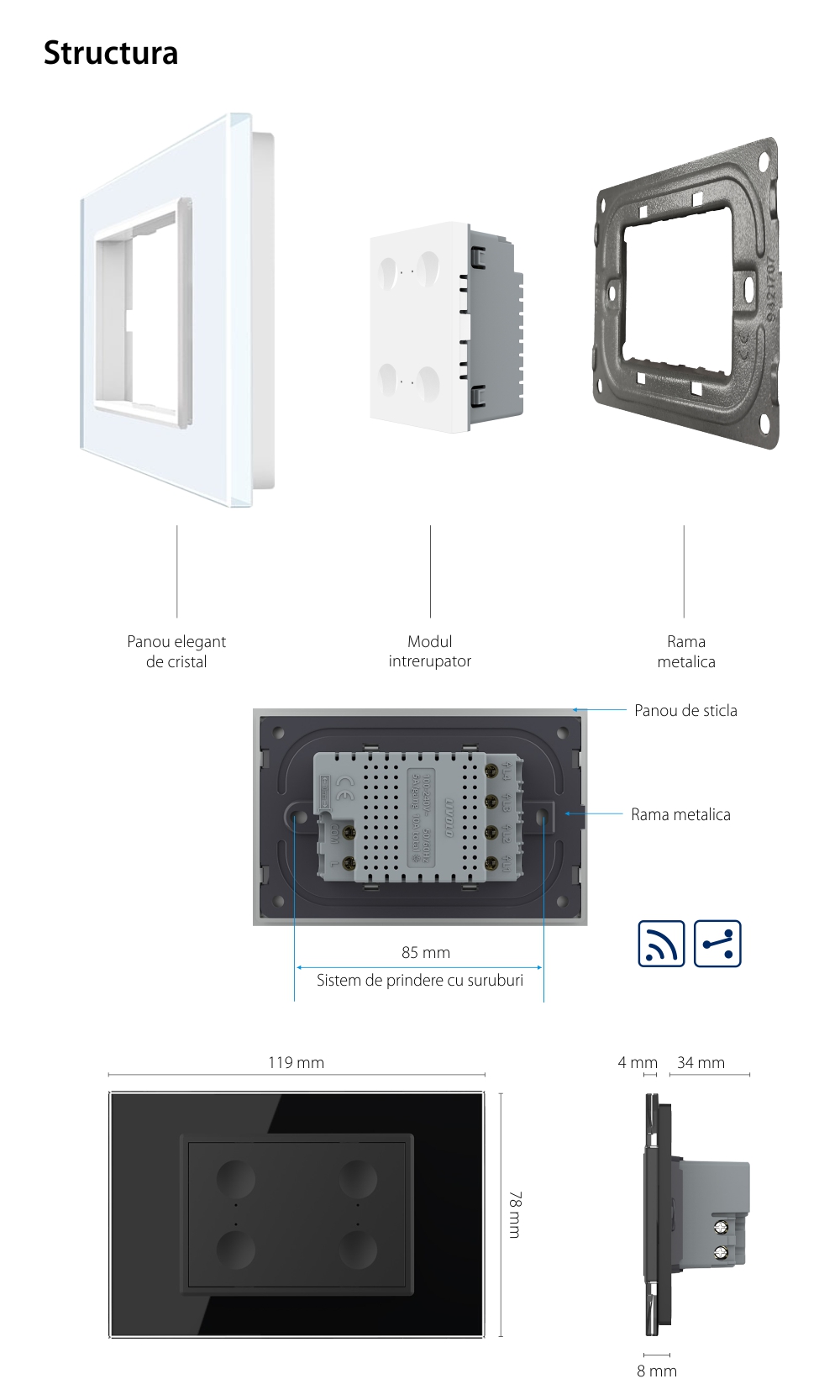 Interruttore quadruplo deviatore / invertitore wireless con touch Livolo con cornice in vetro, standard italiano – Nuova serie