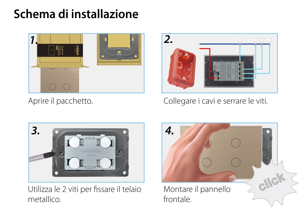 Pannello interruttore quadruplo con touch Livolo in vetro, standard italiano – Nuova serie