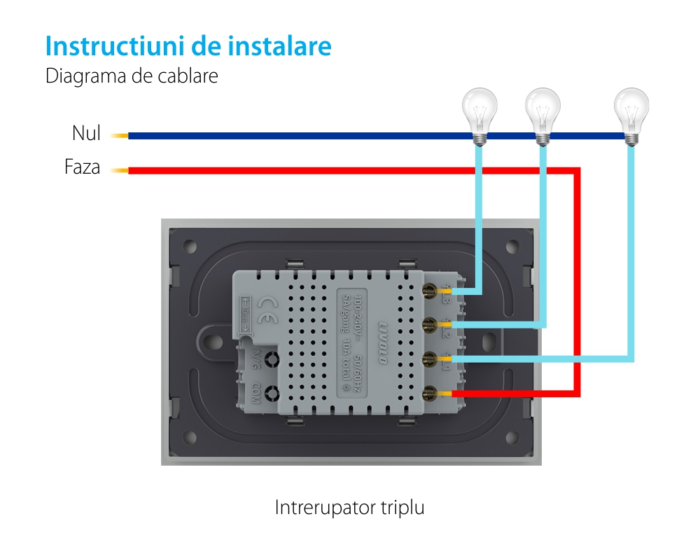 Interruttore triplo wireless con touch Livolo con cornice in vetro, standard Italiano – Nuova Serie