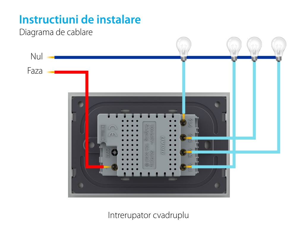 Interruttore quadruplo wireless con touch Livolo con cornice in vetro, standard Italiano – Nuova Serie