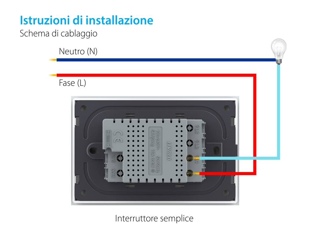 Interruttore semplice wireless con touch Livolo con cornice in vetro, standard Italiano – Nuova Serie
