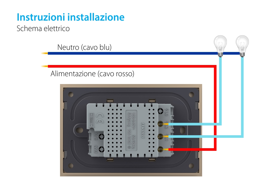 Interruttore doppio Livolo touch con cornice in vetro, standard italiano – Nuova serie