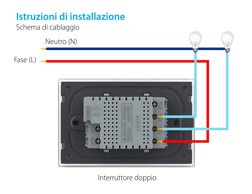 Interruttore doppio wireless con touch Livolo con cornice in vetro, standard Italiano – Nuova Serie