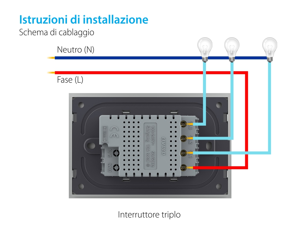 Interruttore triplo wireless con touch Livolo con cornice in vetro, standard Italiano – Nuova Serie